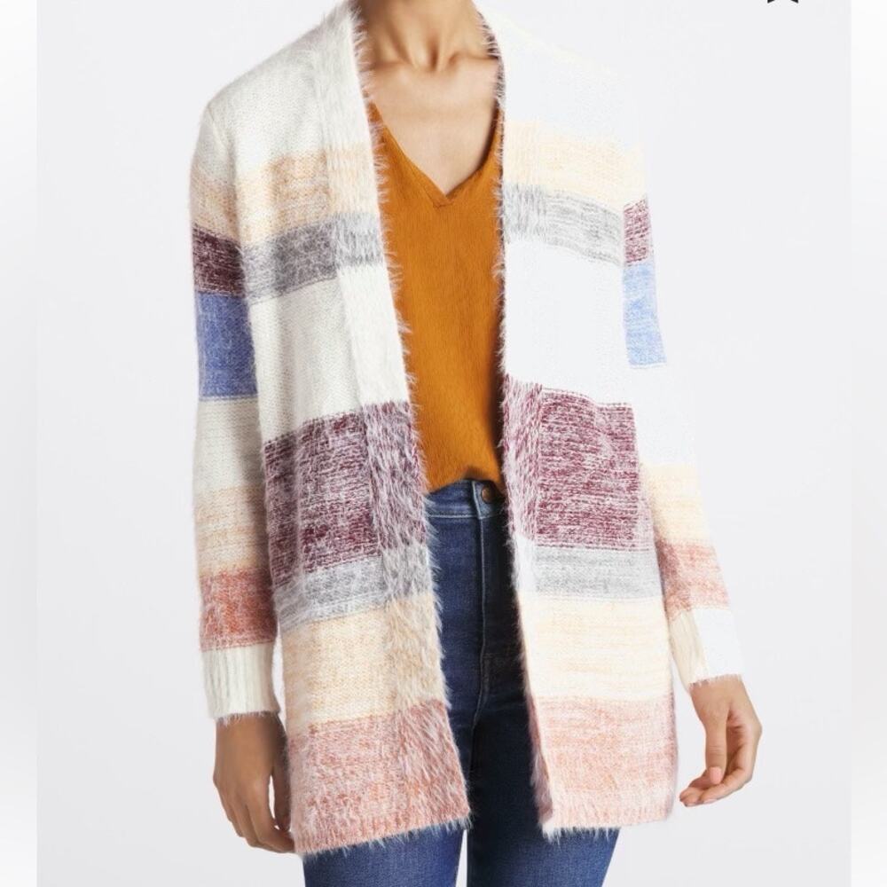 Evolution Cyrus WhiteCozy Eyelash Knit Open Cardigan, Color Block Size M, NWOT